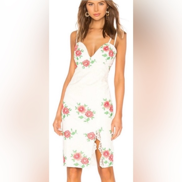NBD Dresses & Skirts - X by NBD White Floral Midi Slip Dress NWT Rose Print Lace Slit Size XS